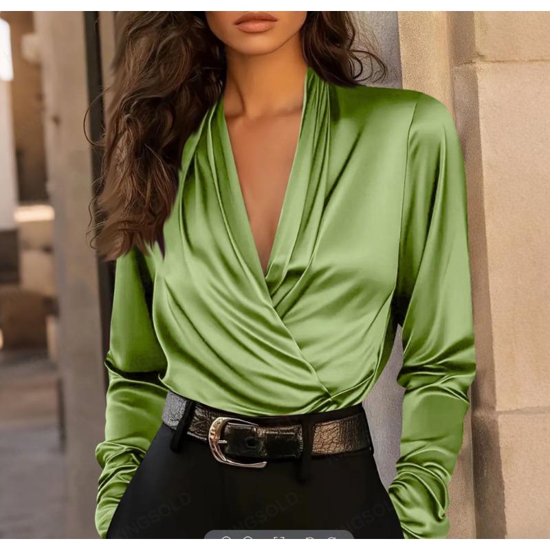 women's Satin Surplice V Neck Elegant Blouse Long Sleeve Shirt Casual Top