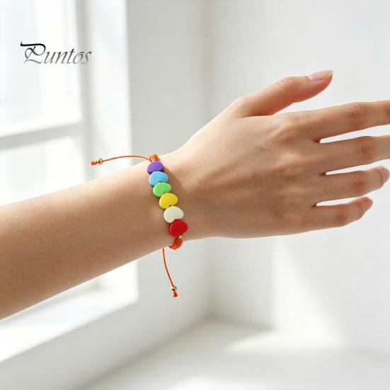 Cute Layered Cord Jewelry Colorful Hearts Bracelet, Handmade Braided String Adjustable Travel Vacation Wrist Accessory Heart Shaped Clay Beads
