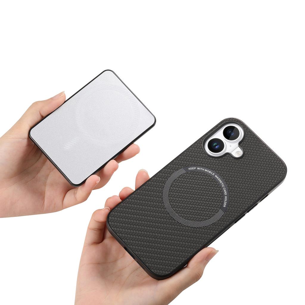 For iPhone 16 Plus Case Carbon Fiber Texture Leather Back Cover with Magnetic Detachable Suction Cup