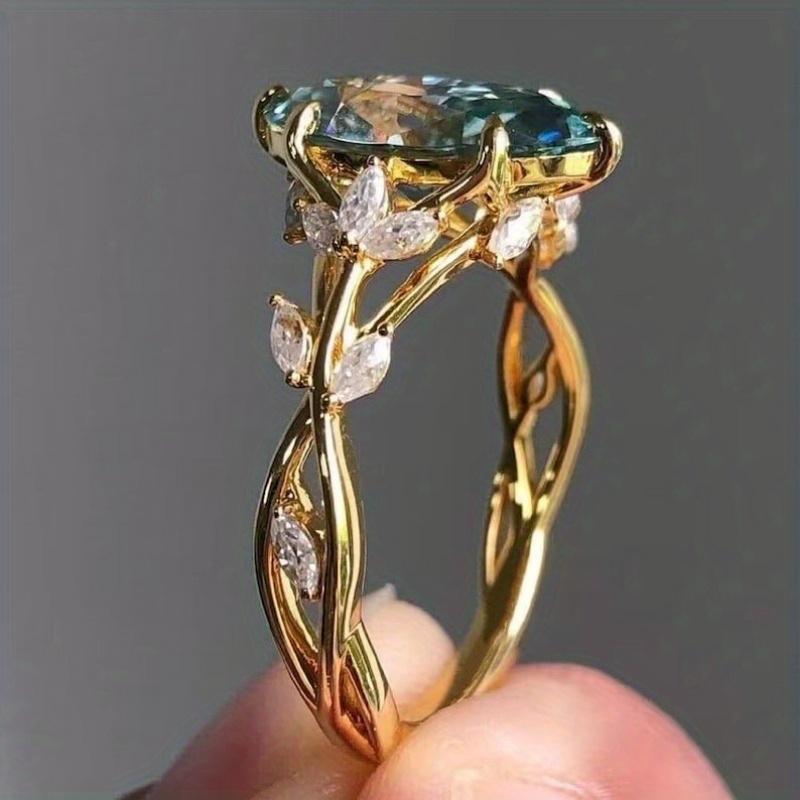 Vintage Boho Marquise Cut Blue Green Synthetic Zirconia Engagement Ring, 14K Golden Plated Copper, Art Deco Style Bridal Wedding Ring for Daily & Gift