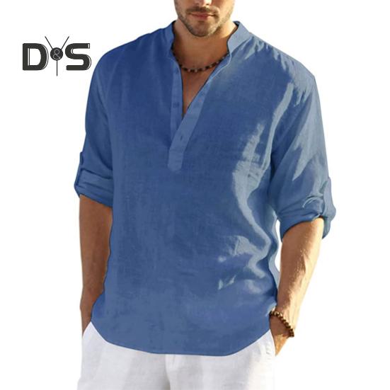 Men Shirt Stand Collar V-Neck Long Sleeve Pullover Tops Breathable Solid Color Casual Tops Daily Wear