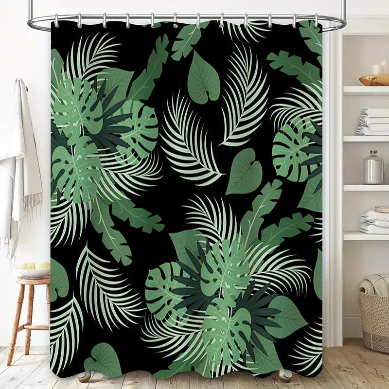Green Tropical Leaf Print Shower Curtain Waterproof Decorative Bathroom Hanging Cloth 72 X 84 Inch (Black White Green)