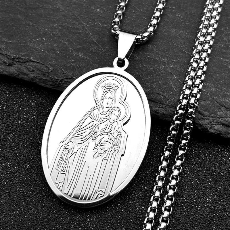 Classic Virgin Mary Jesus Pendant Necklace for Women Men Stainless Steel Gold Color Catholic Mother Mary Necklaces Jewelry