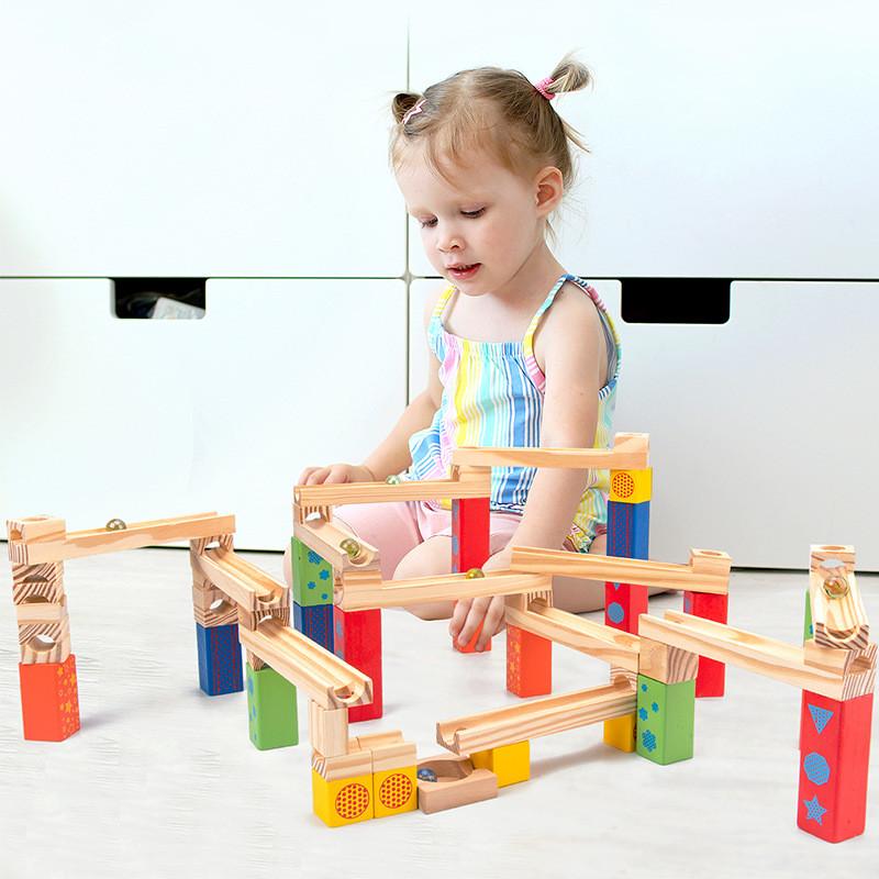 Wooden Kids Puzzle Building Blocks With Marble Track And Mechanical Dominoes For Cognitive Development