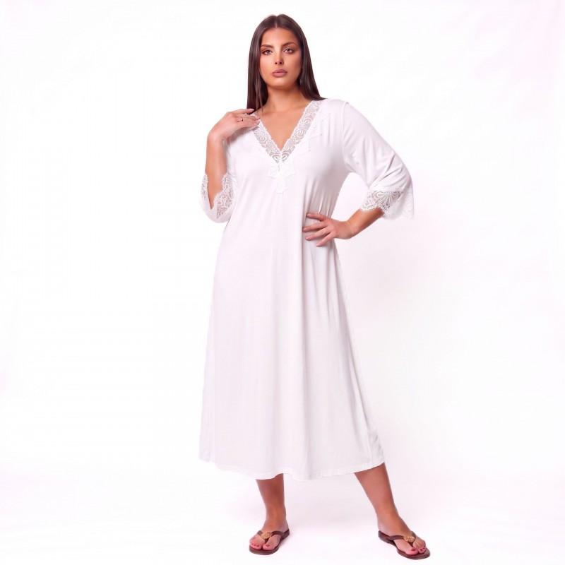 Plus Size Solid Lace 3/4 Sleeve Nightgown Loose Home Dress Sexy Simple Ladies Sleepwear