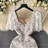 Summer Women Elegant Luxury Beading Lace Crochet Flower Slim Long Maxi Bodycon Pencil Party Dresses