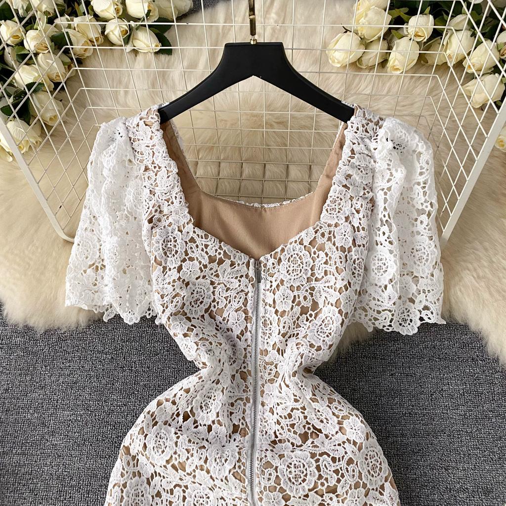 Summer Women Elegant Luxury Beading Lace Crochet Flower Slim Long Maxi Bodycon Pencil Party Dresses