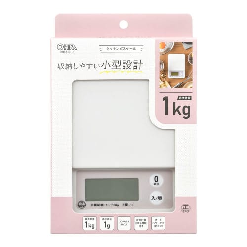 OHM Kitchen Scale, Cooking Scale, Maximum 1kg Capacity, 1g Increments, Digital, Pink, COK-S101-P, 08-1459, OHM Electric