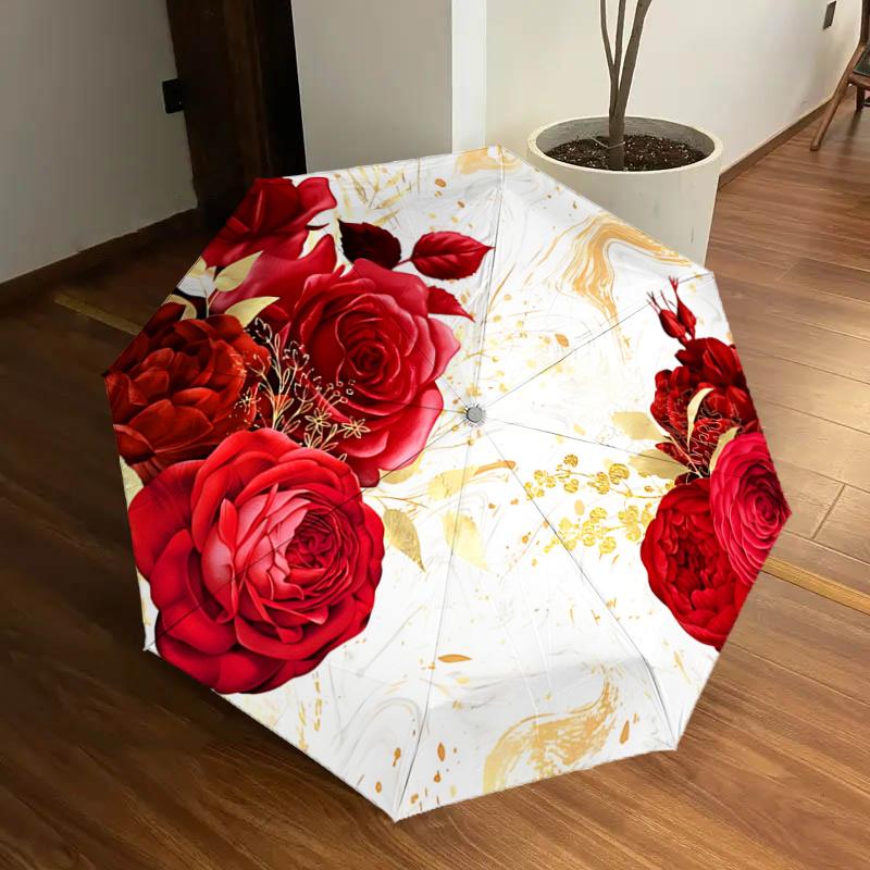

Elegant Red Rose Floral Automatic Opening Folding Umbrella with Gold Accents - Portable 3-Fold Design, Iron Frame Outdoor Umbrella for Festi