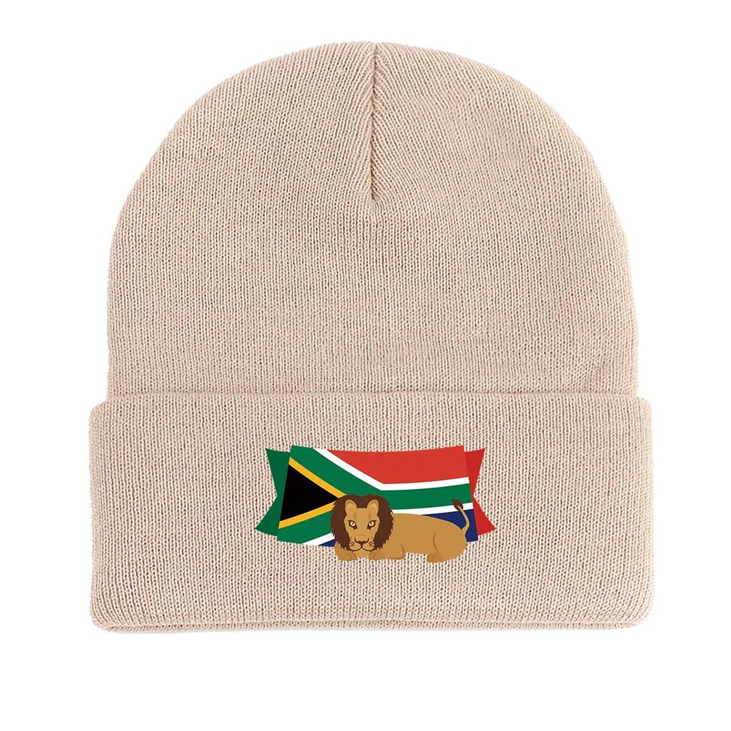 South Africa Flag Lion Warm Knit Cap Beanie, Patriotic Woman Cap Warm Thermal Solid Bonnet Knit Hat Beanie
