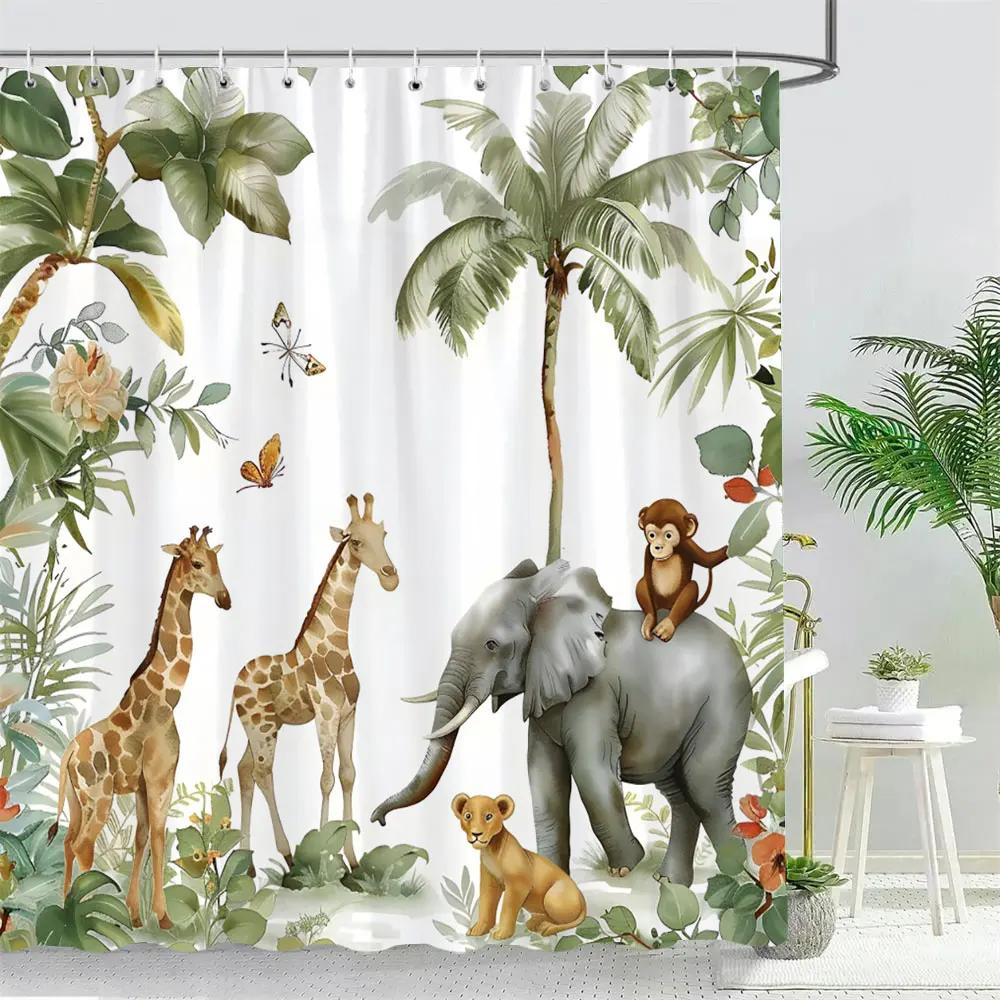 Funny Forest Animals Shower Curtain Elephant Giraffe Monkey Parrot Watercolour Art Creative Printed Bath Curtains Bathroom Decor