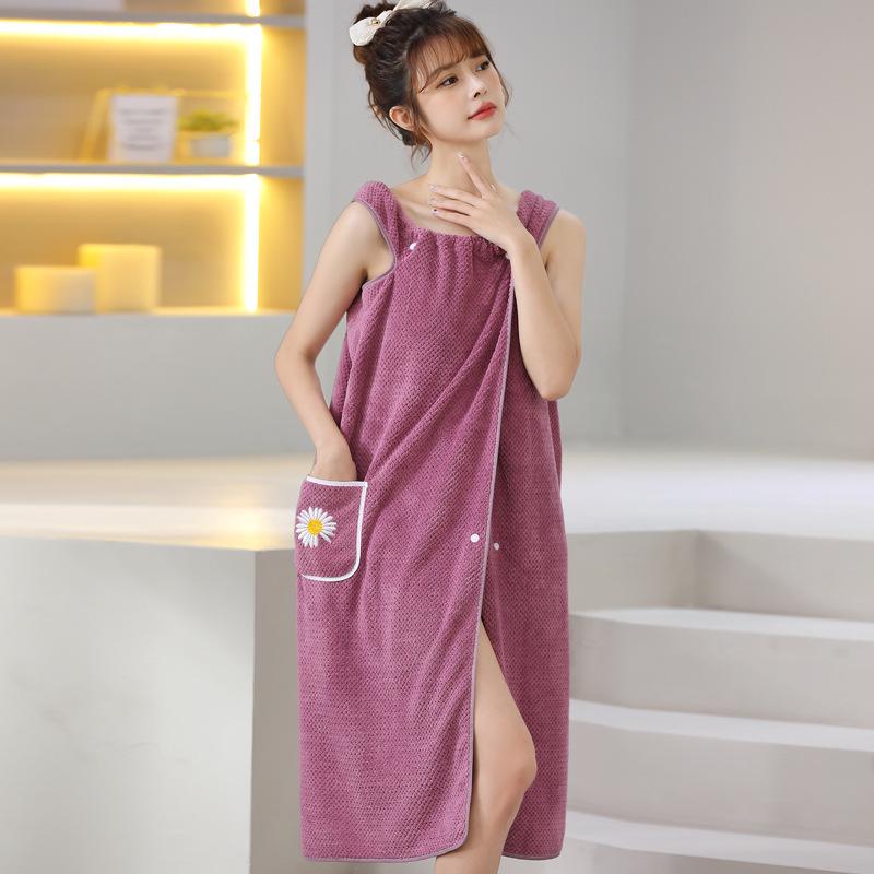 Women s Quick-Dry Coral Fleece Bath Wrap with Pocket and Daisy Design 130x100 cm темно-фиолетового