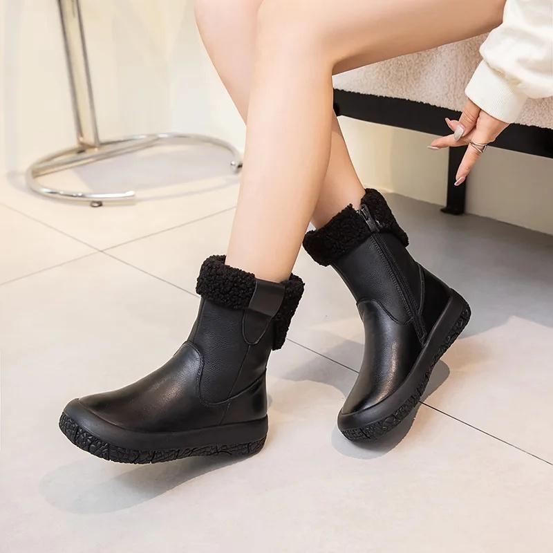 

Зимние короткие ботинки из коровьей кожи высшего слоя, мягкая подошва, осень/зима 2025, винтажные теплые хлопковые ботинки из натуральной кожи, на флисовой подкладке 41 чёрный