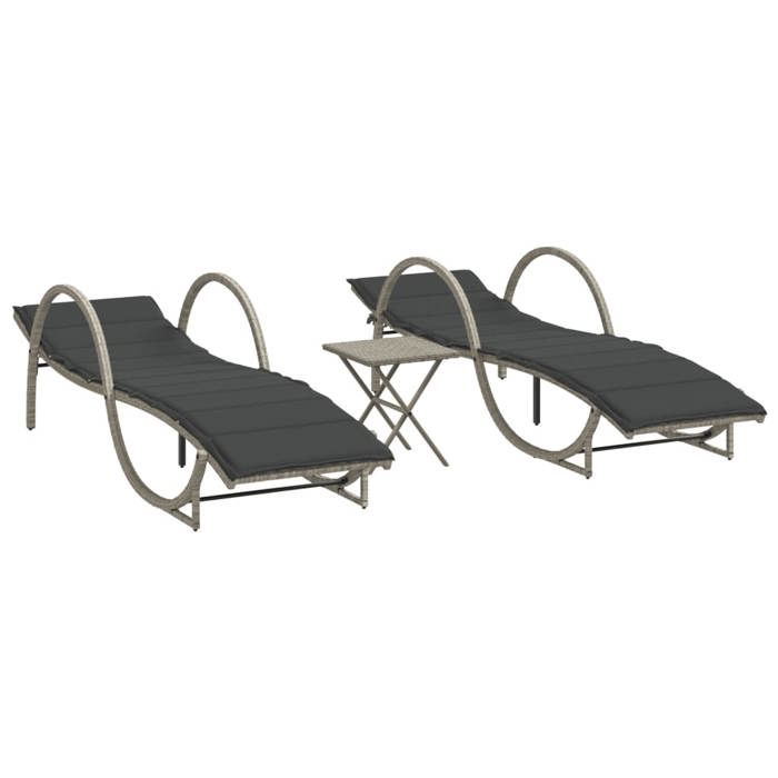 VidaXL Sun Loungers Set of 2 with Table Light Grey Wicker, Sunbed, Outdoor Sun Lounger, Bed of 368268