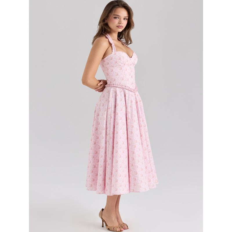 Dream Flower House Same Style French style Sweet Pink Floral Sexy Waist Hugging Backless Pure Desire Hanging Neck Dress