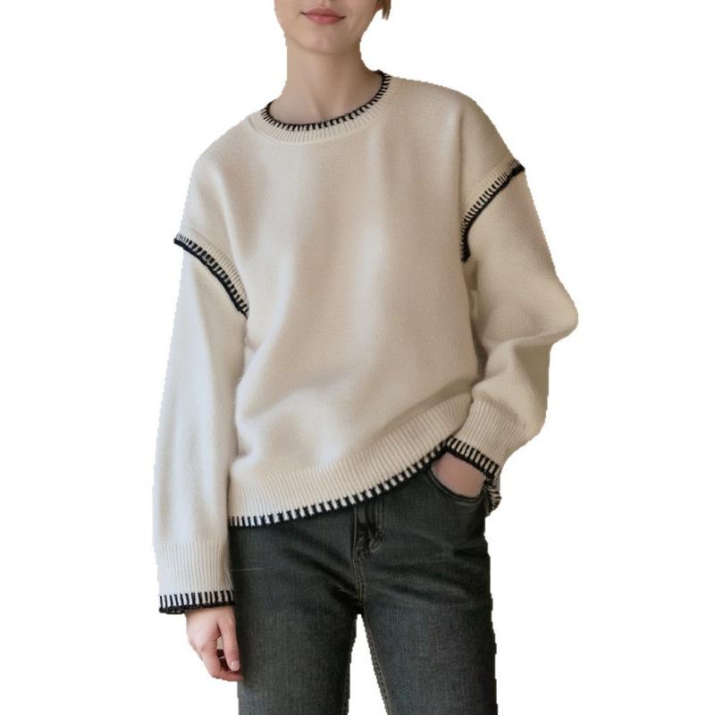 Lazy wind contrasting color crew neck pullover women's autumn and winter new loose large size knitted sweater