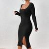 Women's Spring Fall Long Sleeve Solid Color Sweater Dress Bodycon Square Neck Ribbed Knit Slit Midi Dresses for Women