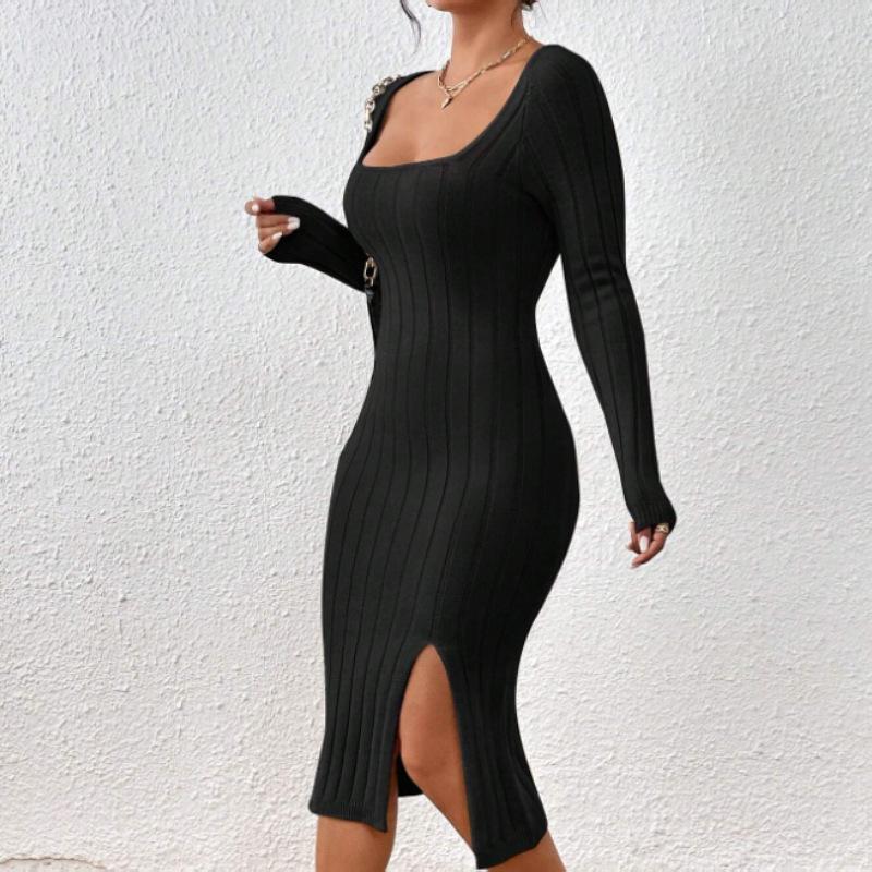 Women's Spring Fall Long Sleeve Solid Color Sweater Dress Bodycon Square Neck Ribbed Knit Slit Midi Dresses for Women
