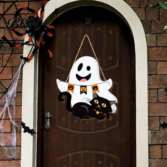 Easy Clean Festive Door Hanger Cute White Ghost Wooden Sign with Black Cat BOO Boho Halloween Room Decoration Banner, Waterproof Front Plaque