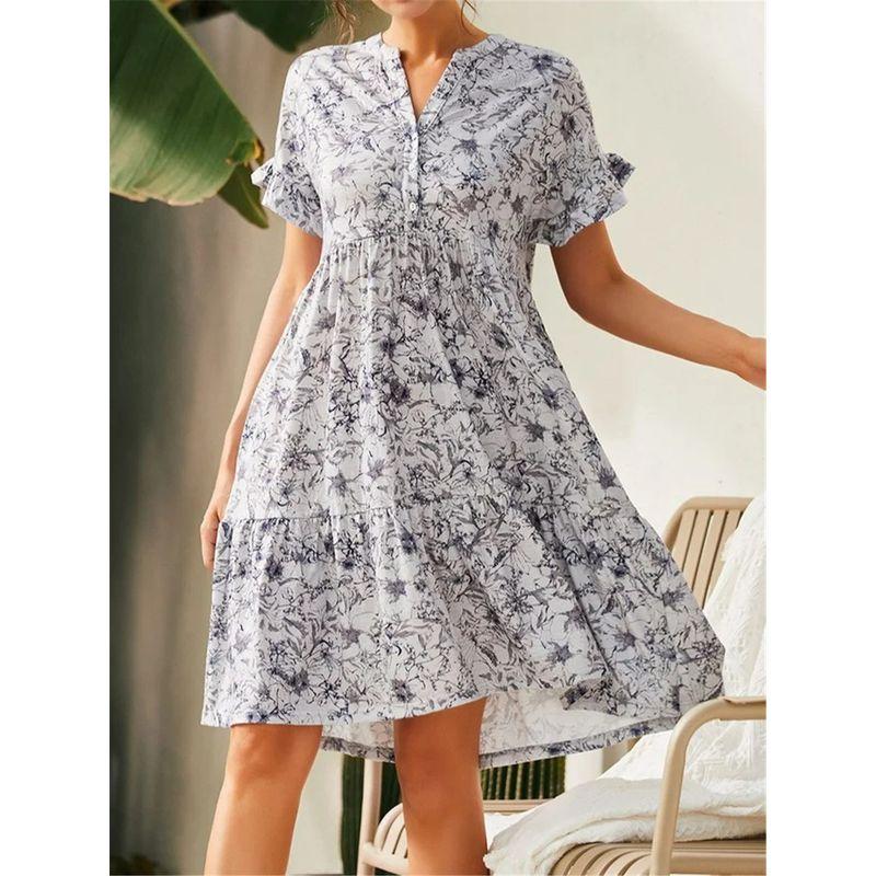

and American Cross-Border Export Fashion Women s Short Sleeve V-neck Button Print Full Body Dress Casual Loose Plus size Fat M Half-Sleeved Dress Gray S