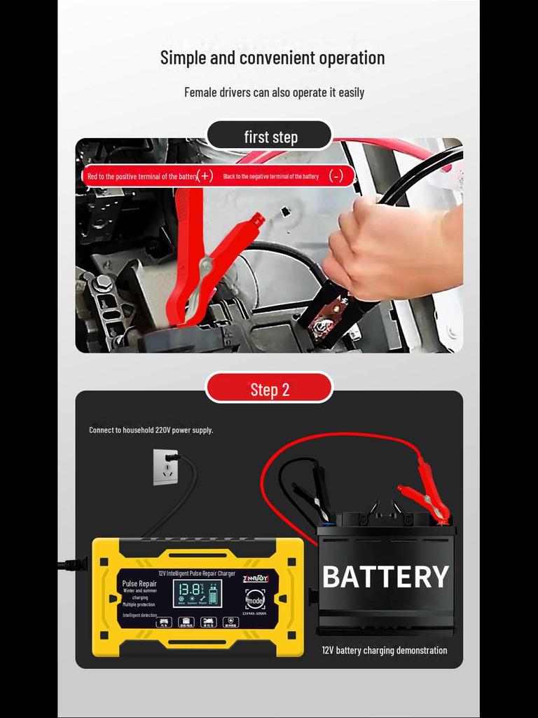 12V Smart Motorcycle Battery Charger with Pulse Repair - Universal Lead-Acid Charger