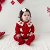 Festive Red Baby Girl Winter Onesie with Little Rabbit - Long Sleeve Thick Outing Romper