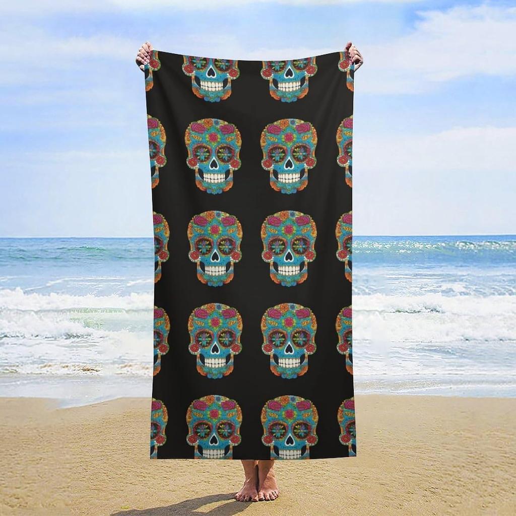 Day of The Dead Kitty Cat Sugar Skull Beach Towel, Cute Oversized Quick Dry Absorbent, Sand Free Lightweight Travel Pool Mat