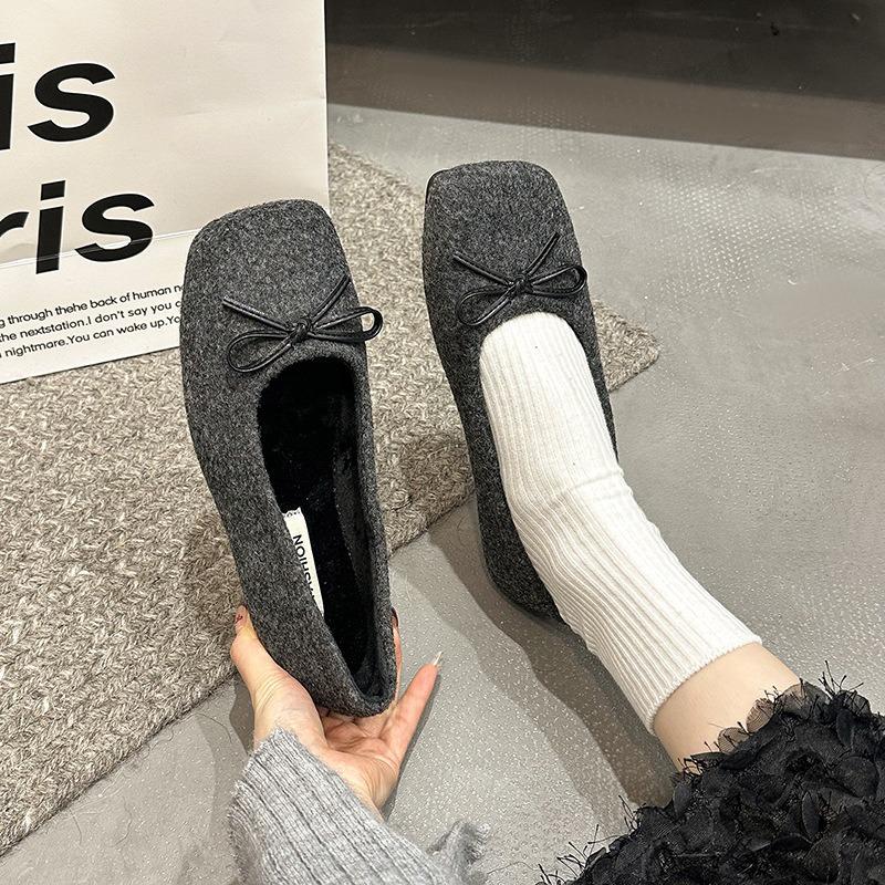 Flat Bottom Square Head Bow Doudou Single Shoes Women's Shoes New Early Spring Winter Gentle Evening Ladyshoes