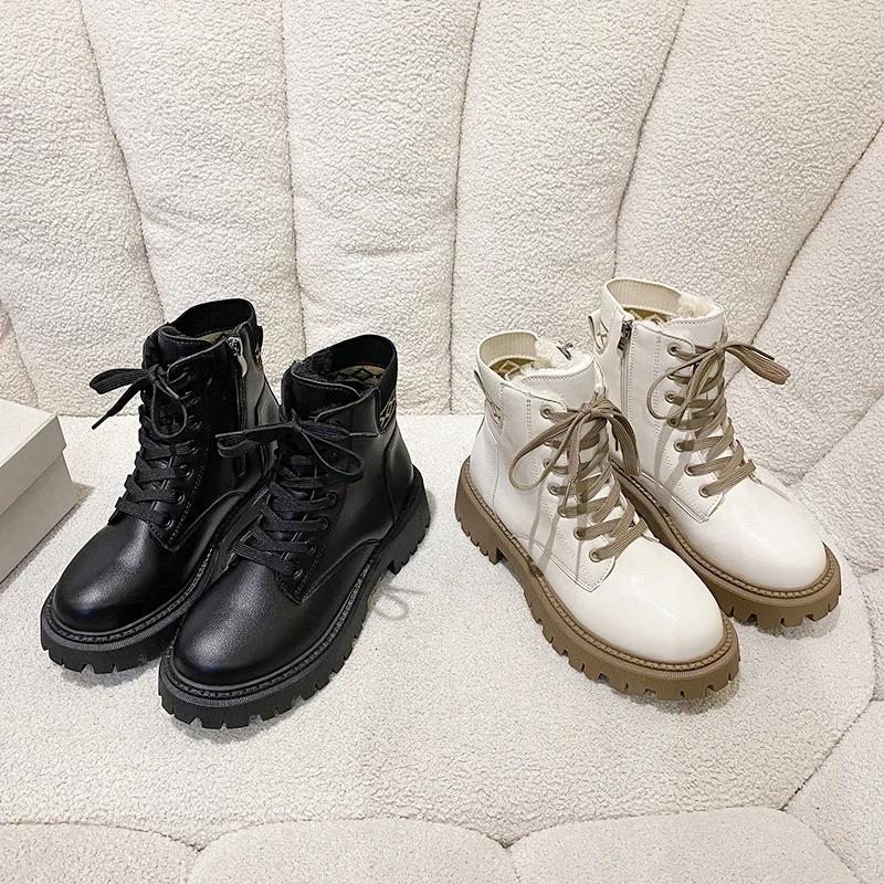 Fashion women's new ankle boots Winter casual thick heel women beige Chelsea boots Punk Goth shoes leather combat boots
