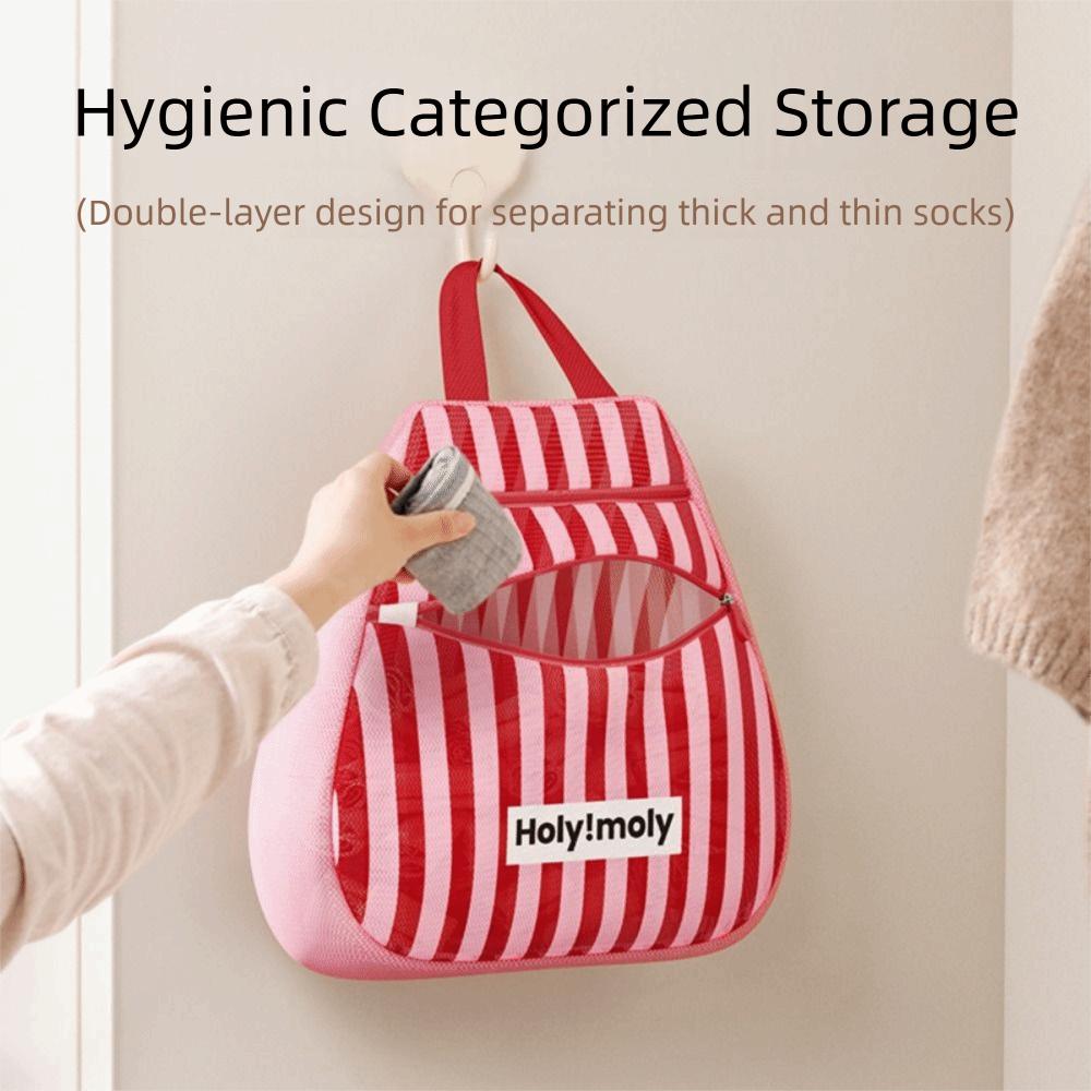 Breathable Mesh Hanging Socks Storage Bag 2 Layer with Handle Portable Clothing Pouch Reusable Stripe Prints Mesh Laundry Bags