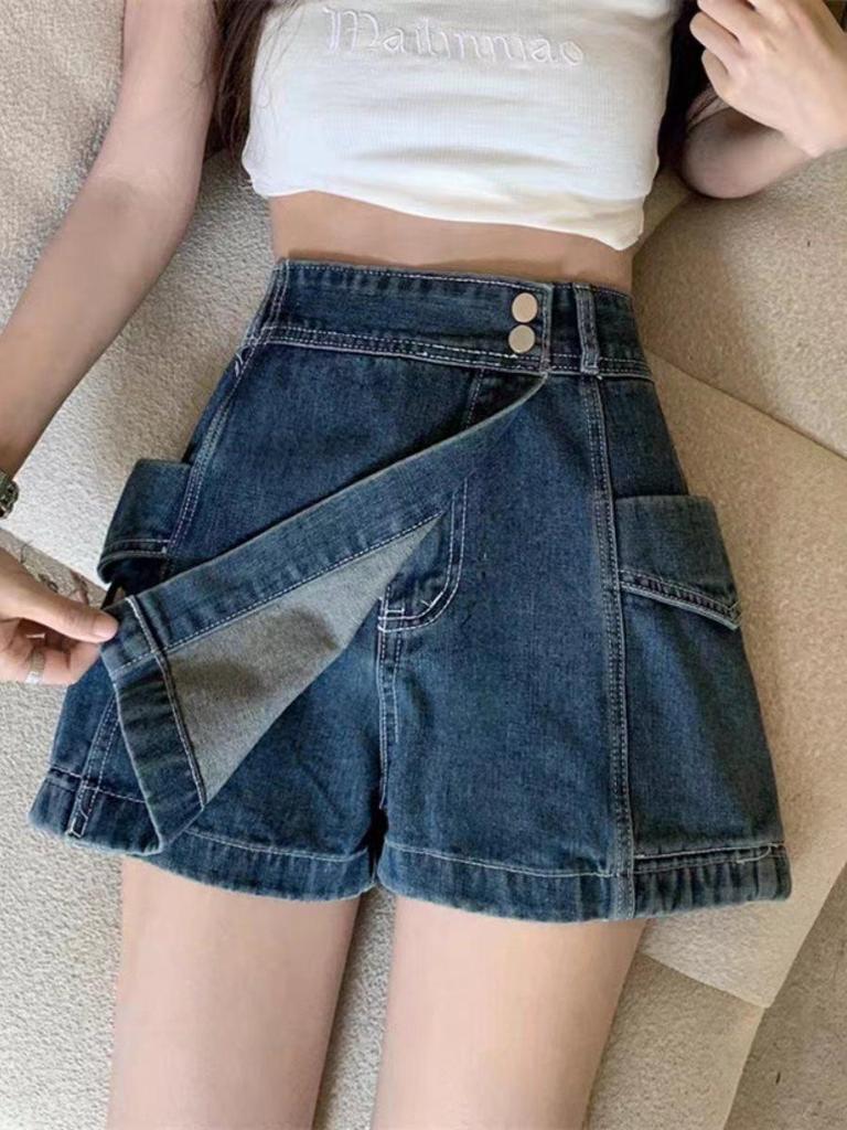 Mini džínsy s vysokým pásom pre ženy: Letné zoštíhľujúce A-líniové širokonohé sukňové nohavice plus size