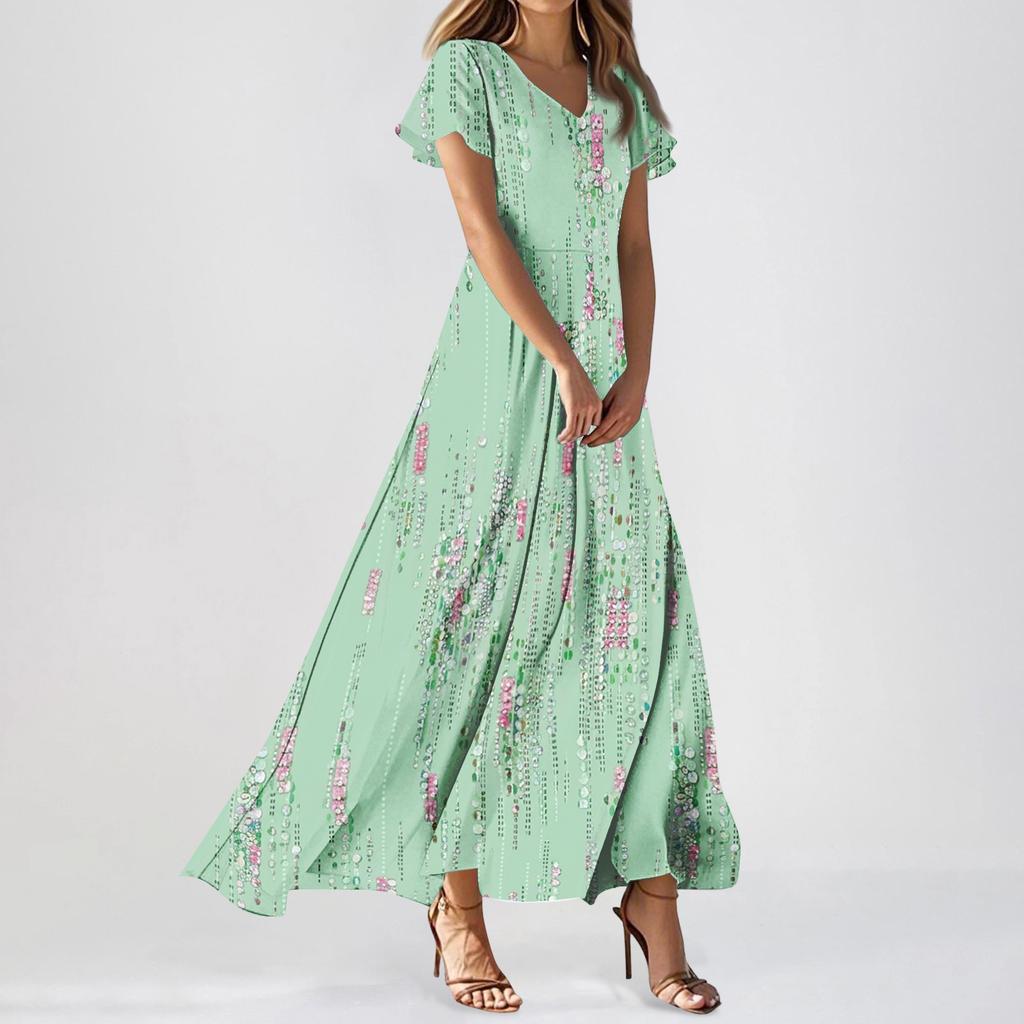 Women Casual Floral Print Maxi Dress V Neck Short Sleeve Lightweight Long Dress with Flowing Skirt for Everyday Wear