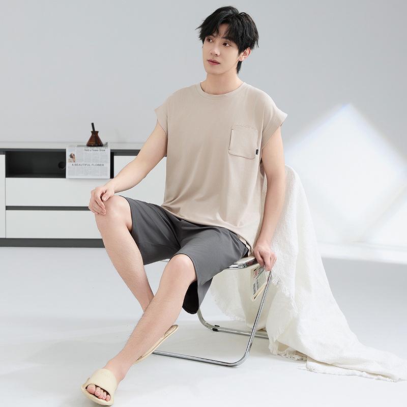 7A Antibacterial Plus Size Cotton Pajamas for Men - Short Sleeve & Shorts, Cooling, Round Neck, Summer Outerwear/Loungewear