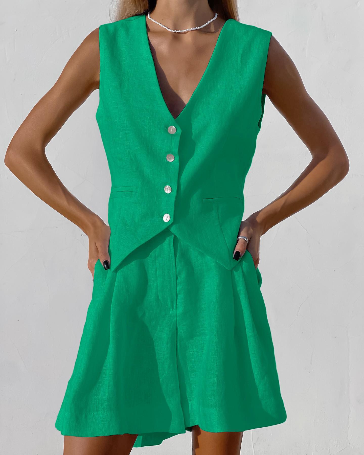 

2025 Европейско-американский стиль Хлопок Лен Женский Комплект Безрукавка и Шорты - Летний Повседневный Двойка L зелёный