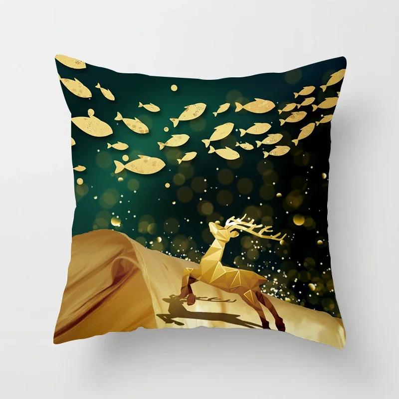 Black Gold Drawing Leaf Elk Tree Bird Butterfly Printed Square Pillowslip Polyester Cushion Cover Pillowcase Living Room Home