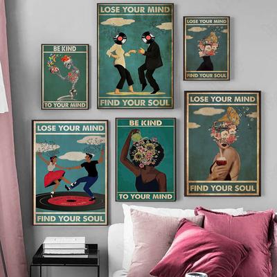 Vintage foto's Vrouw Bloem Canvas Schilderij Wees aardig Verlies je verstand Vind je ziel Yoga poster Retro woondecoratie Geen lijst