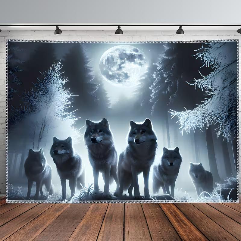 

2D Night Wolf Pack Backdrop Full Moon Forest Party Photo Booth Background 47.2x31.5inch/120*80cm