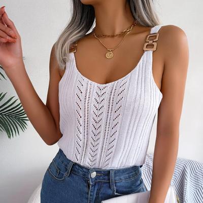 Summer Sleeveless V-neck Knitted T-shirt Women Hollow Out Casual Knitwear Tshirts Woman Fashion Holiday Metal Buckle Tees 30558