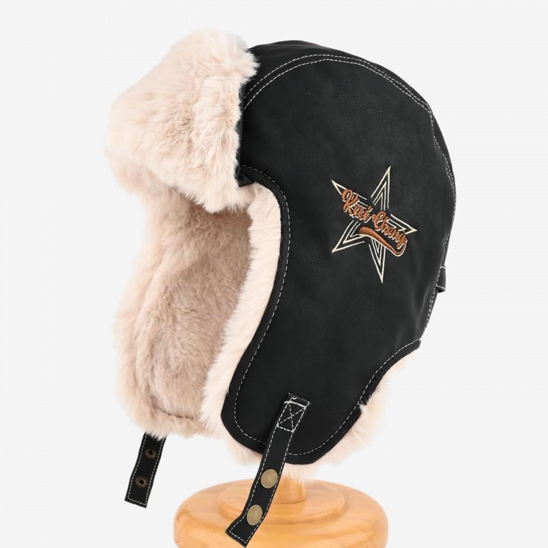 Unisex Vintage Leather-Style Embroidered Winter Warm Hat With Ear Protection Foldable Pilot Cap