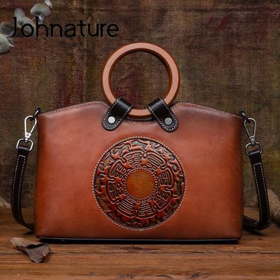 Retro-geprägte echtes Leder-Frauen-Tasche Natur weiches Rindsleder große Kapazität Umhängetaschen