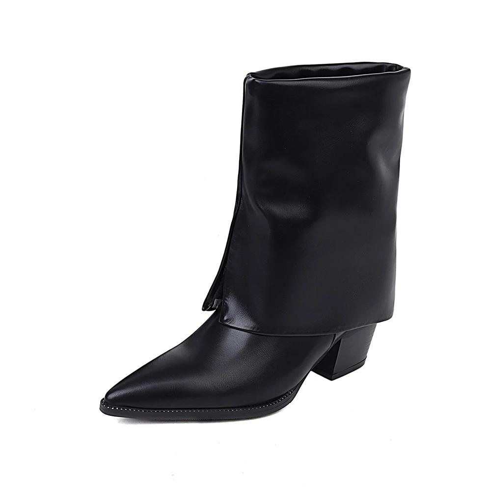 Fashion Women Fold Knee High Boots Luxury Brand Designer High Heels Boot Chunky Heel Pointed Toe Chic Shoes Winter Fashion Soft Warm 41