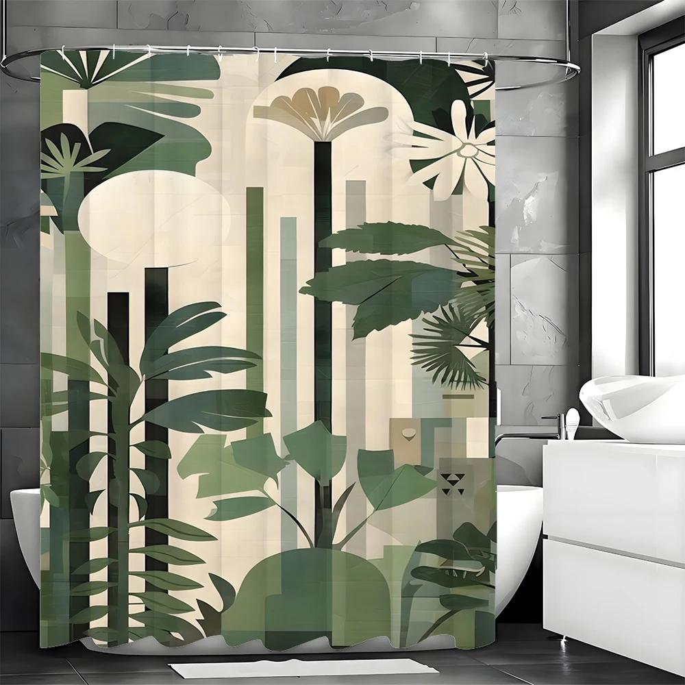 Green Plant Shower Curtain, Bathroom Decorative Shower Curtain, Waterproof Shower Curtain with Hooks
