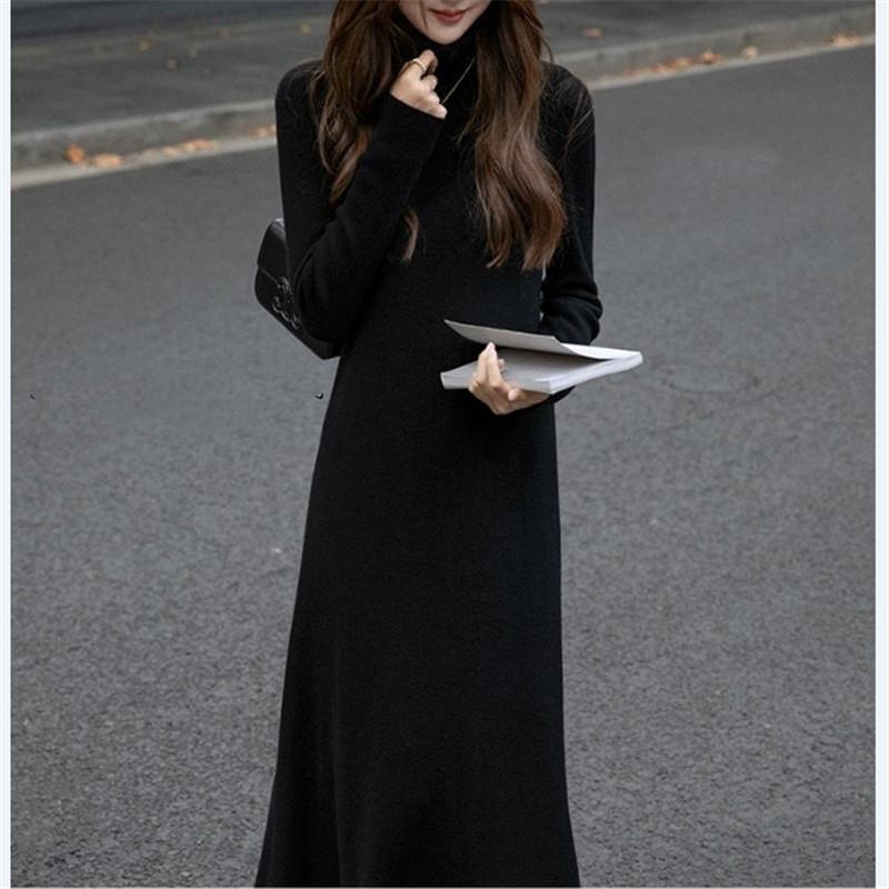 

Однотонное универсальное платье-водолазка, женское осенне-зимнее новое средней длины, свободное, для внутреннего слоя, юбка-свитер one size fits all чёрный