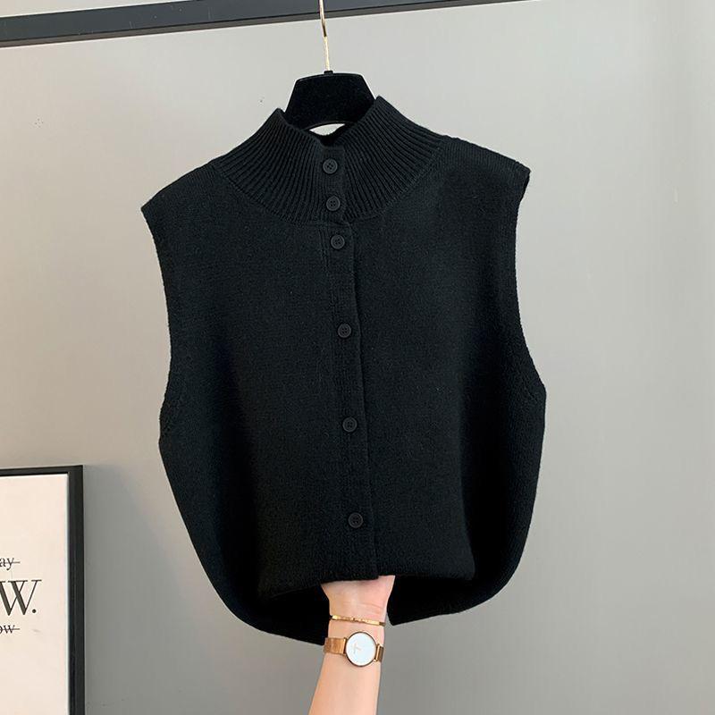 Double-Sided Women's Half-High Collar Cable Knit Vest Sweater - Autumn/Winter French Style Loose Fit.