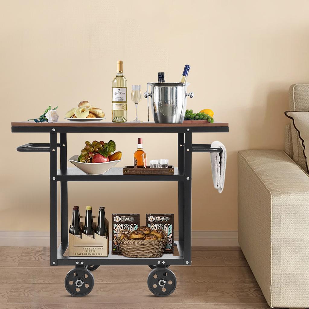 Industrial Pipe Bar Cart, Kitchen Serving Cart, 3-Tier Rolling Utility Cart with Fixed Wheels, 92x40x77.5cm Mobile Bar Cabinet