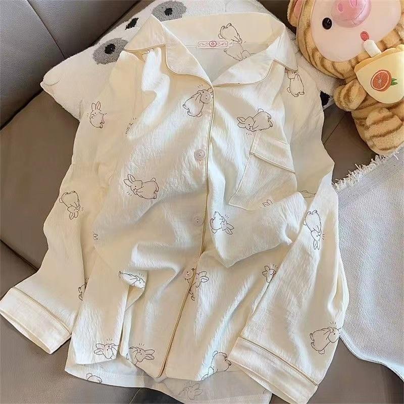 Autumn Faux Cotton Women Pajama Button Cardigan Outfits 2 Piece Set Fashion Rabbit Sweet Pajamas Set for Women