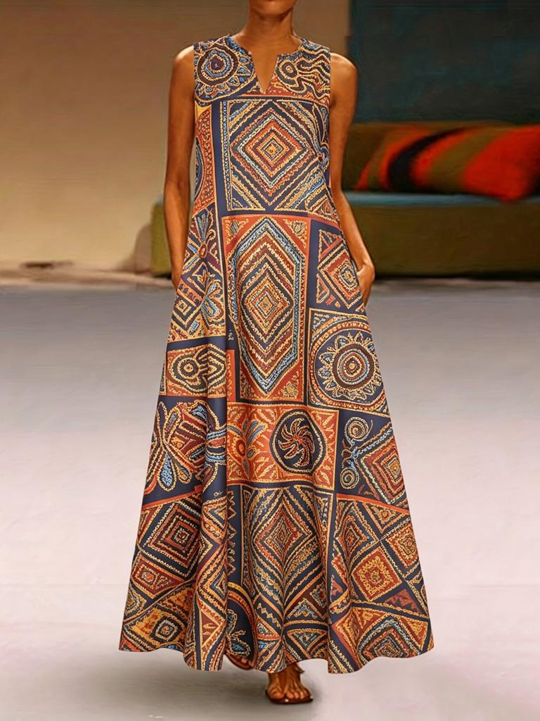 Retro Floral Color Matching Printing V-neck Sleeveless Loose Pendulum Long Dress