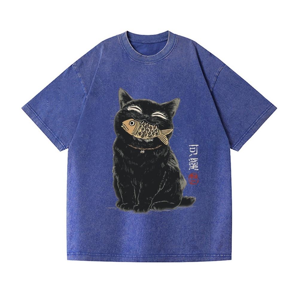 

Cat Fish Vintage Wash Japanese Design T-Shirt Funny Men s Clothes Fashion Holiday Short Sleeve O-neck Cotton Tees Tops 3XL