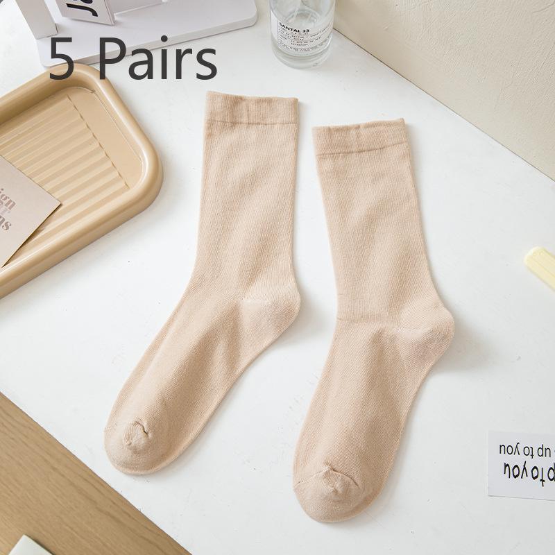 5 Pairs Socks Women's Mid-calf Socks Autumn and Winter Solid Colour Cotton Thickened White Thigh-high Stacked Socks Morandi Bone-less Monthly Socks