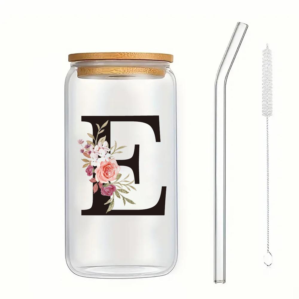 500ml Buchstaben Blume A-Z Kaffeetassen Büro Zuhause 16OZ Glastasse mit Bambusdeckeln & Strohhalm Geburtstags- Valentinstagsgeschenke Tasse Frauen